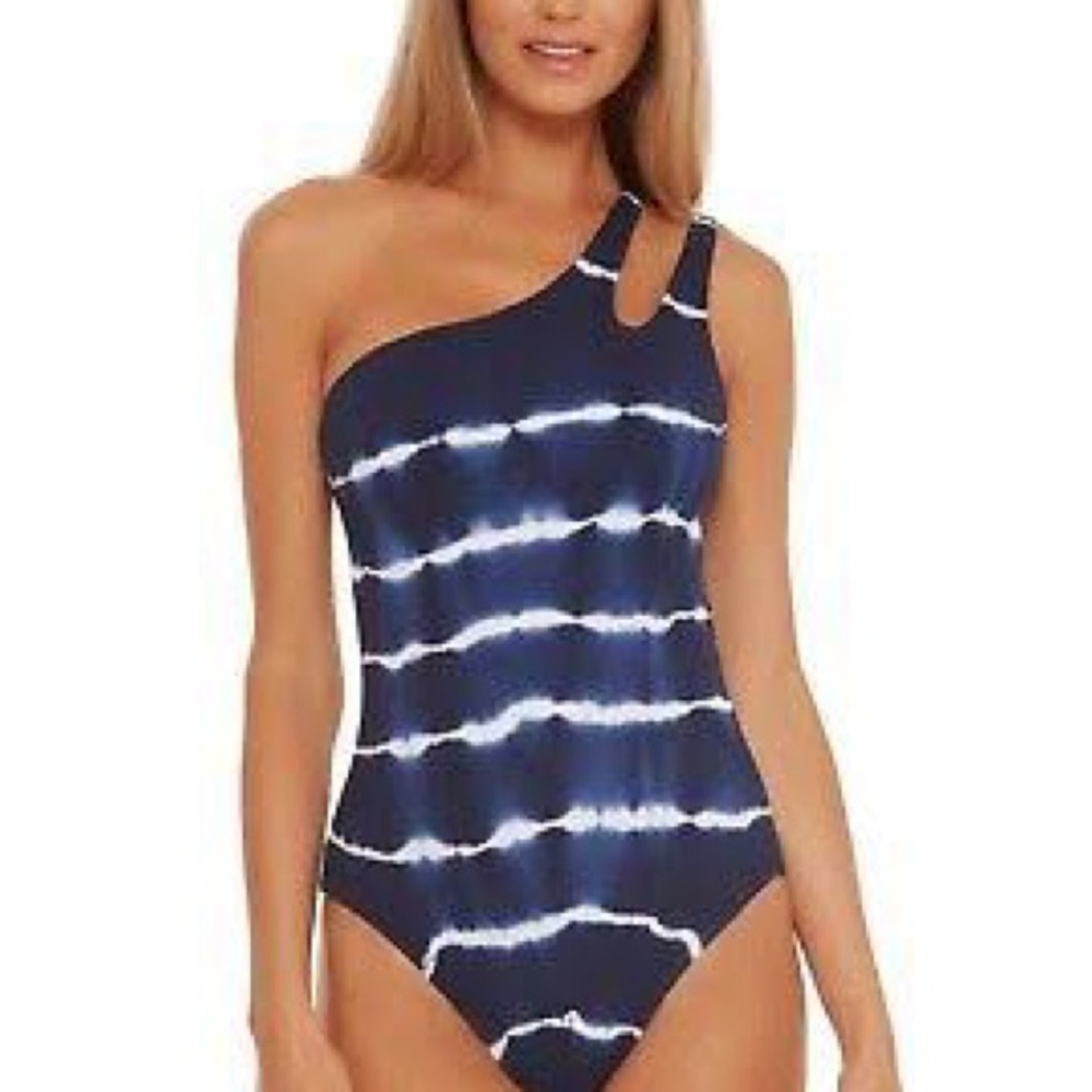 BECCA by Rebecca Virtue One-Shoulder Striped Swimsuit in Navy and White